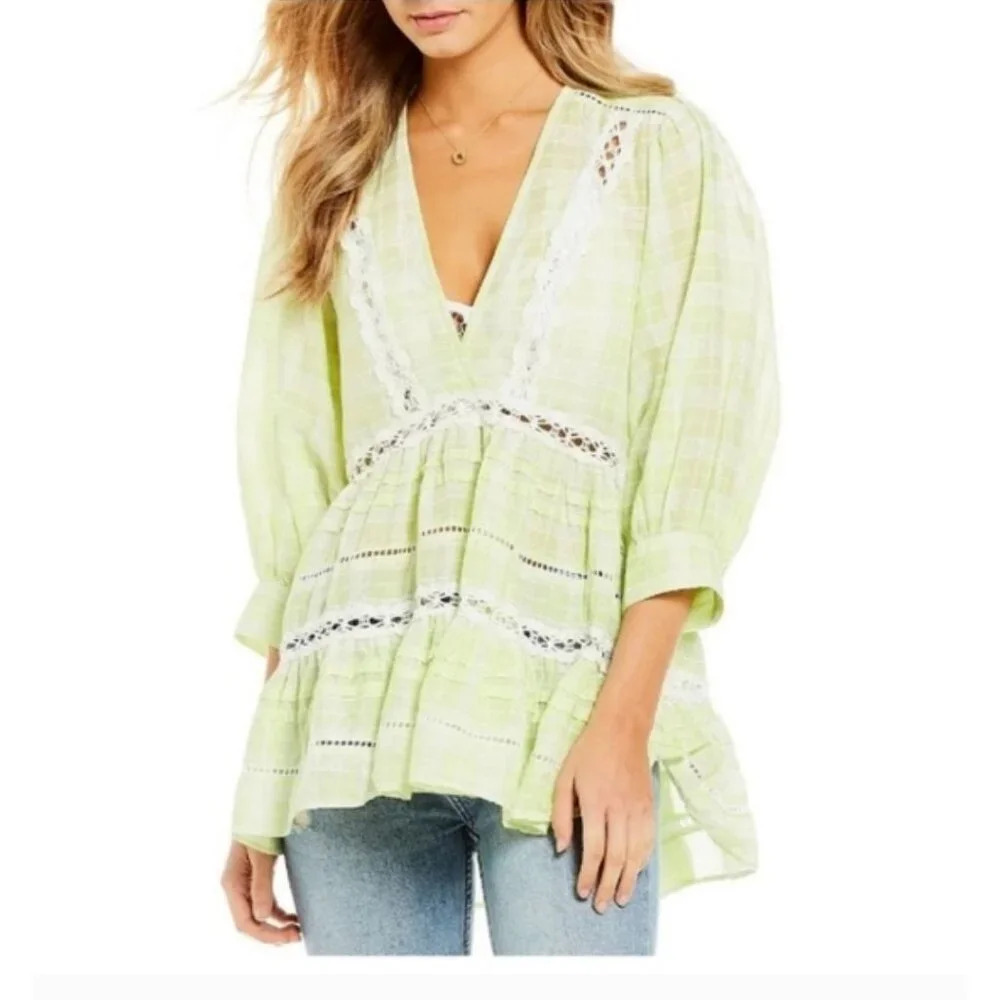 Free People Time Out Lace Tunic Top SMALL Lime Combo